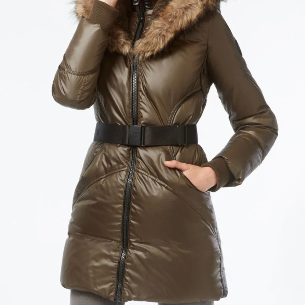 RUD Styled By RUDSAK Green Faux-Fur-Trim, Seat Belt Style Down Coat